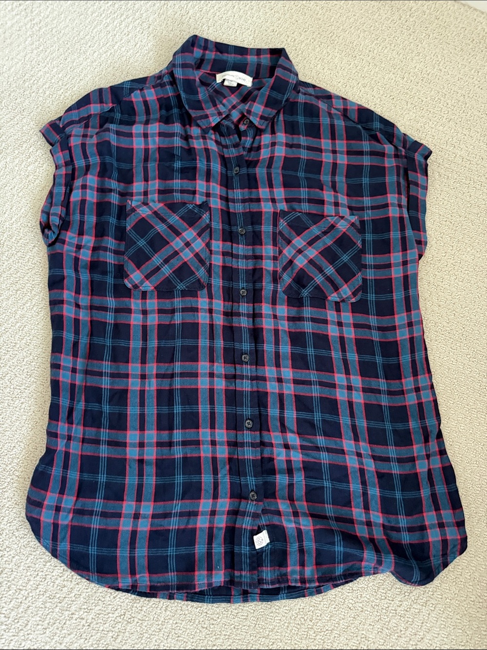 Treasure & Bond Navy and Pink Plaid Button-Down Shirt